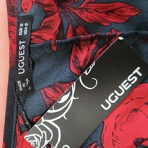 UGUEST Red & Black V-Neck Floral Faux Wrap Tie Dress - Size S - Picture 7 of 8